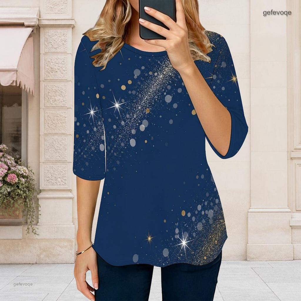 Damski T-shirt w dużym rozmiarze, z okrągłym dekoltem, rękawem 3/4, nadrukiem gwieździstego nieba, w kolorze granatowym, z zaokrąglonym dołem