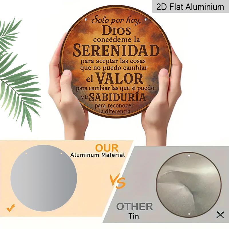 2D Flat, 1pc 7.87X7.87 Inch Round Aluminum Plaque - Spanish Prayer for Peace, Courage & Wisdom Vintage Style Decorative Sign, Suitable for Home