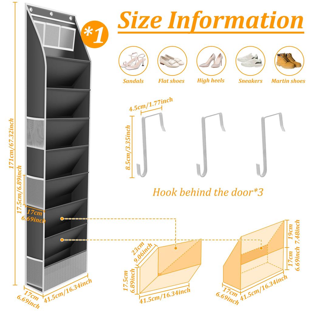 Over The Door Shoe Organizer Bag 8 Layer Shoes Hanging Storage Rack with Top and Side Pockets for Boots Sneakers Sandals