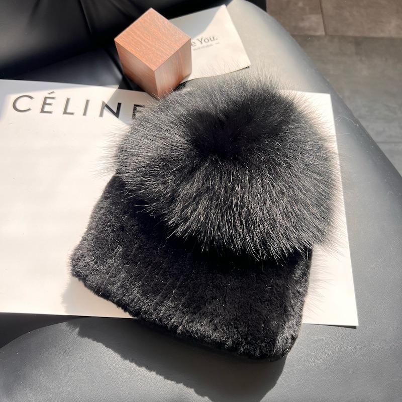 Women Winter Luxury Rabbit Fur Hat Knitted Rex Rabbit Fur Hat Top  Fox Fur Cap Genuine Fox Fur Beanies Hat
