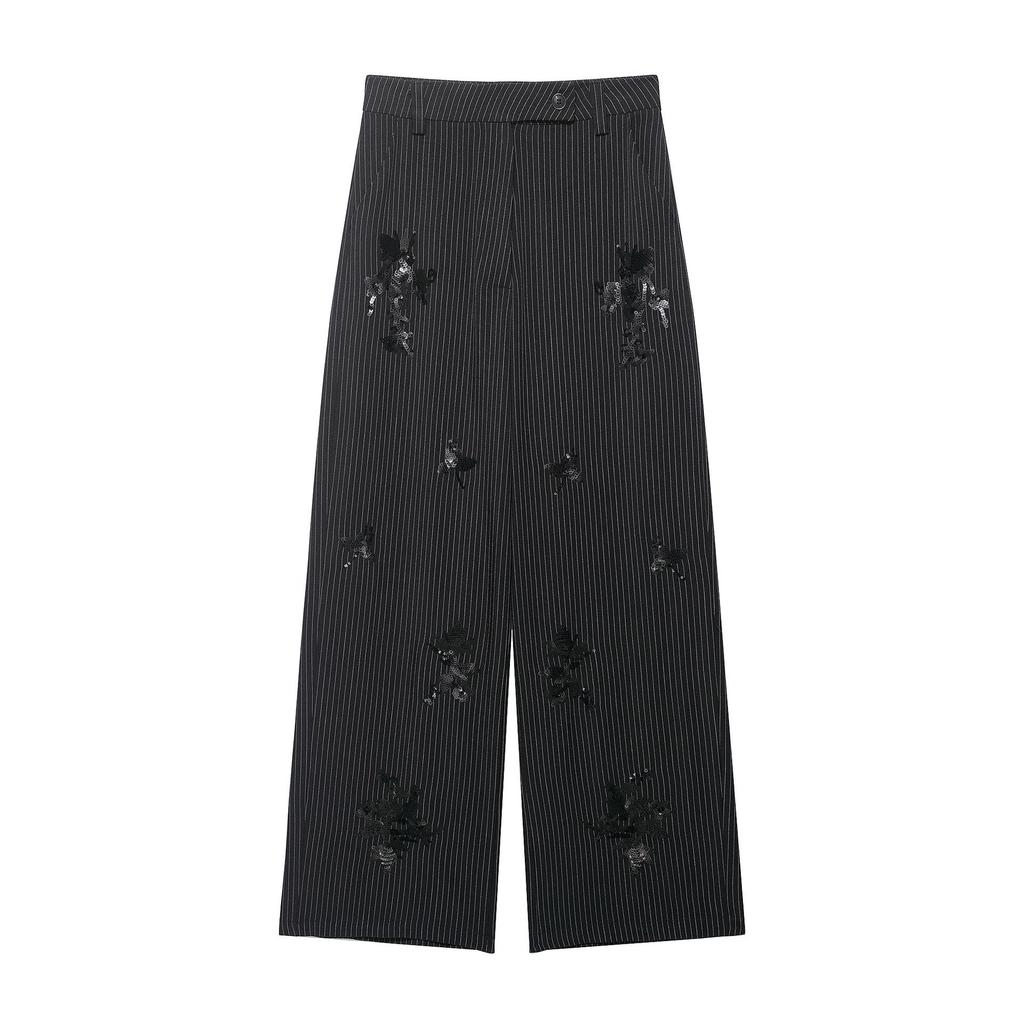 Spring European & American Style Embroidered Sequin Striped Suit with High Waist Long Pants