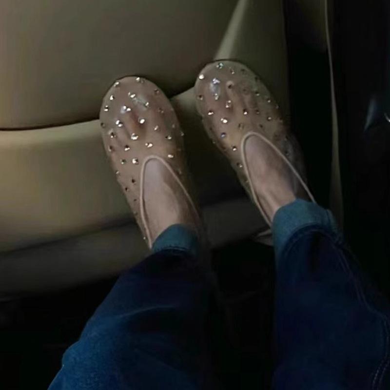 Niche premium Mary Jane shoes mesh yarn breathable rhinestone shallow mouth flat sole shoes women