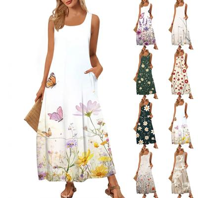 Lässiges bodenlanges Sommerkleid für Damen, Sommer-Strandkleid, Rundhalsausschnitt, ärmellos, lockerer Aufdruck