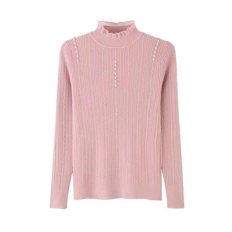 Autumn and winter new semi-turtleneck knitted bottoming shirt top women's twist pearl fashion slim and thin inner sweater