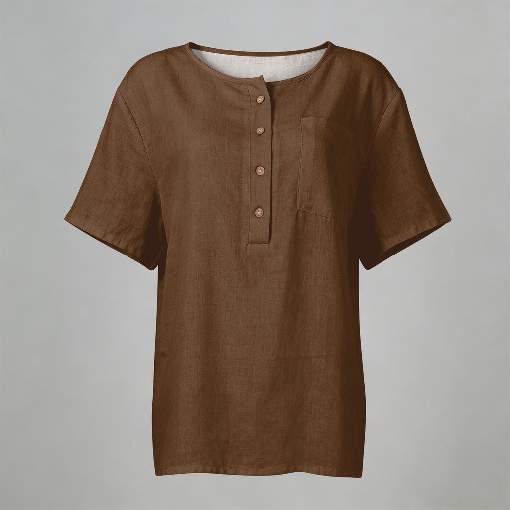 Women Henley Button Neck Short Sleeve Cotton Linen Shirt with Chest Pocket Loose Fit Casual Top for Daily Office Wear