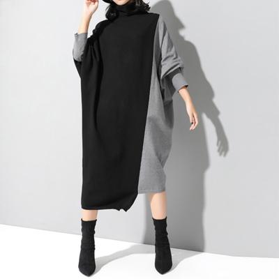 Autumn Dress Loose Fit Cold Resistant Mid-Calf Length Popular Lady Plus Size Patchwork Color Midi Dress for Shopping