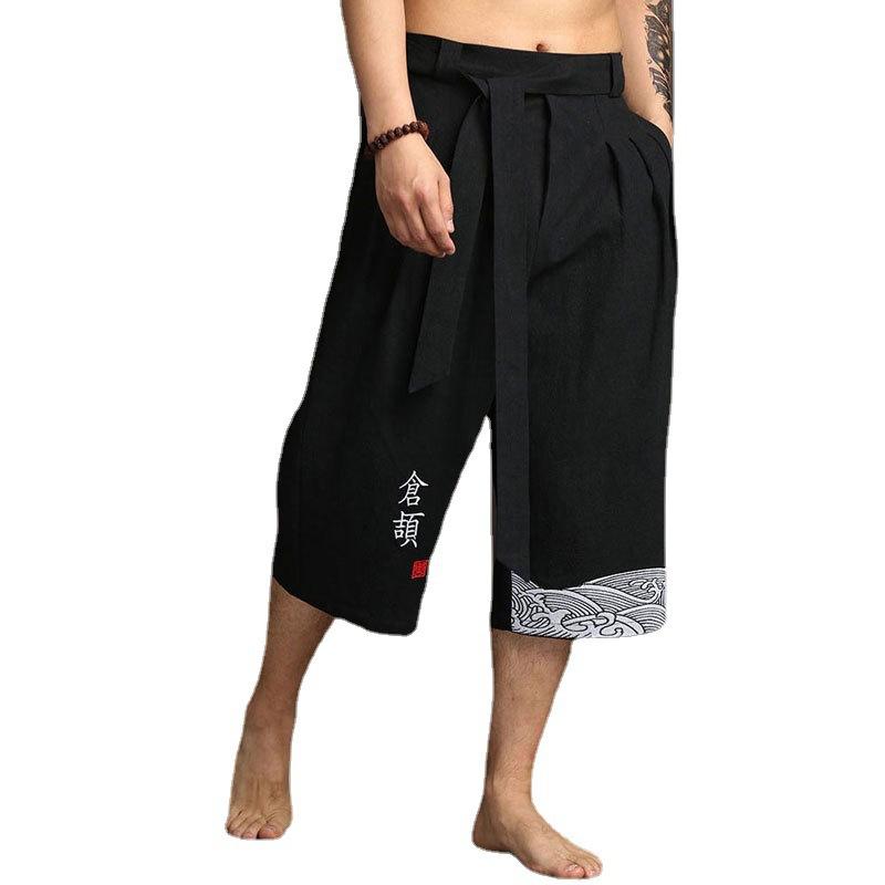 Summer Men Chinse Style Hanfu Pants Men Asian Bath Pants Male Prints Kimono Traditional Trousers Male Cotton Cropped Pants