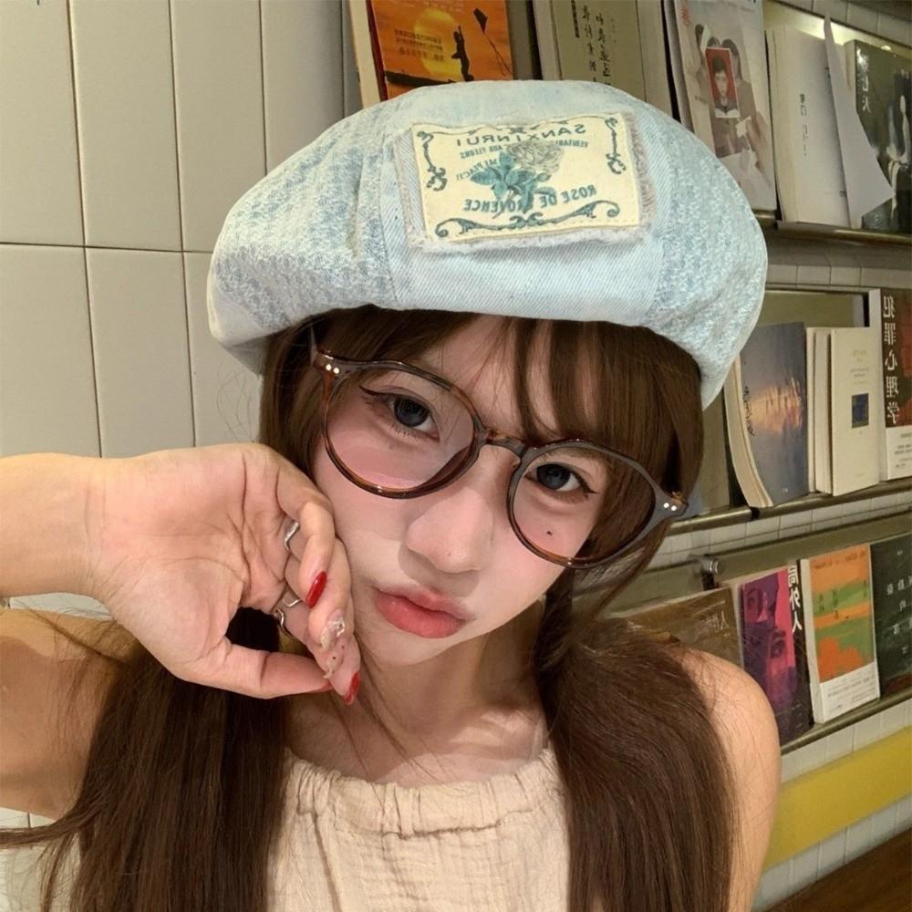 Y2k Denim Berets Korean Painter Cap Retro Patch Splicing Beret  Streetwear