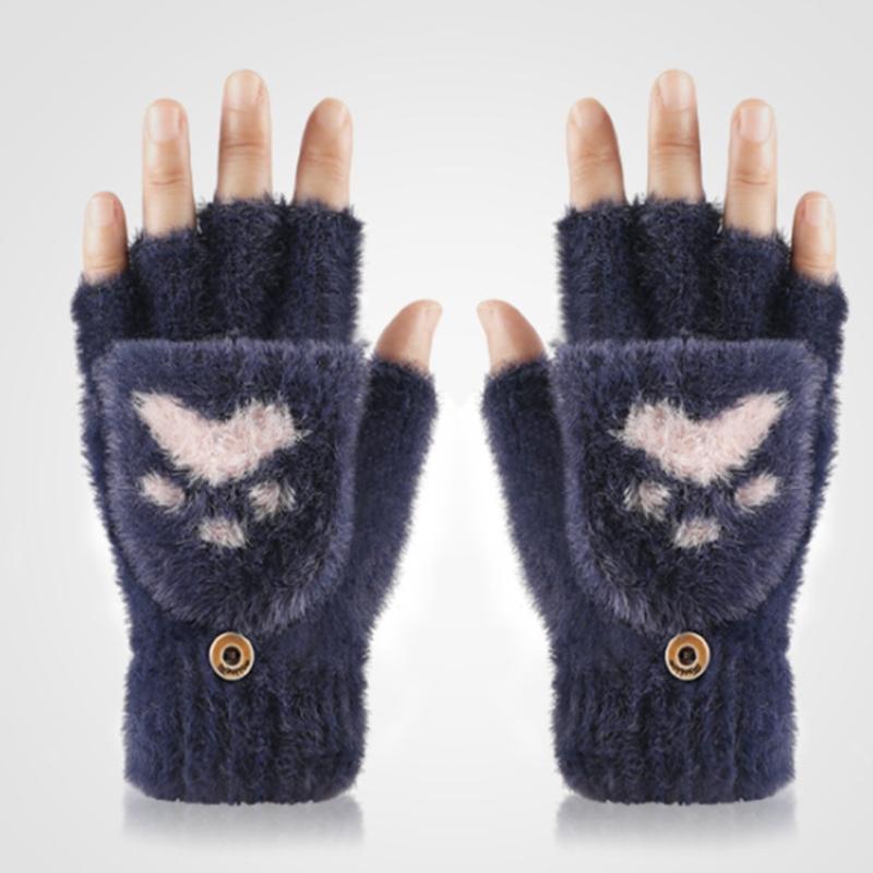 Cartoon Plush Cats Paw Fingerless Mittens with Flip Top Winter Knitted Gloves Stretchy Soft Mitten Elastic Warm Mitte