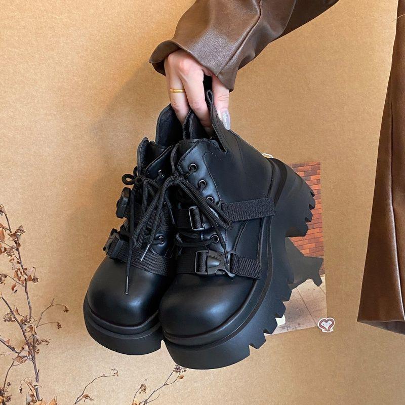 Sense Niche British Style Short Boots Temperament Black Lace-up Design Thick-soled Martin Boots Retro