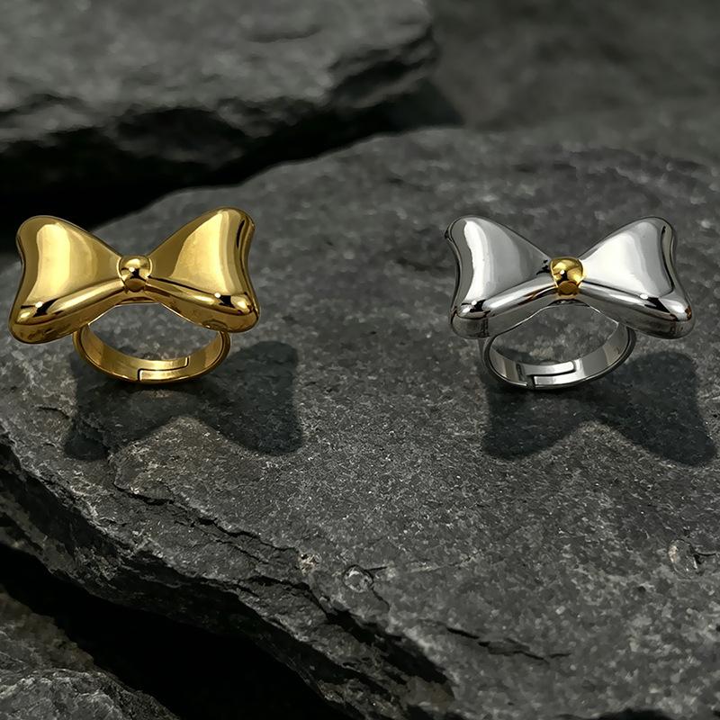 Fashion New Stainless Steel Rings Women Bowknot Open Adjustable Rings Exquisite Non-Fading Banquet Party Daily Wear Jewelry Gift