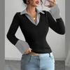 Women's Fashion Long Sleeve Casual Pullover Shirt Two Piece Look V Neck Layered Collar Top Slim Fit Lightweight
