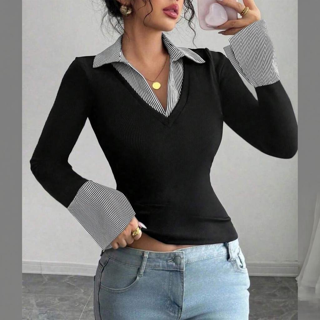 Women's Fashion Long Sleeve Casual Pullover Shirt Two Piece Look V Neck Layered Collar Top Slim Fit Lightweight