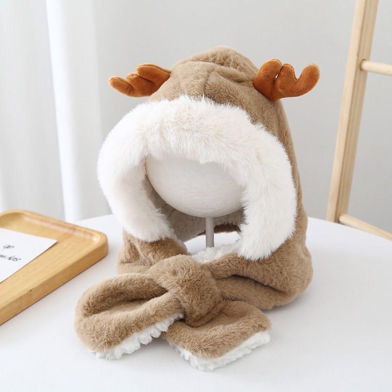 Autumn and Winter Children's Hats and Scarves Integrated Boys and Girls Thickened Christmas Hats Baby Windproof Antler Hats Neck Protection