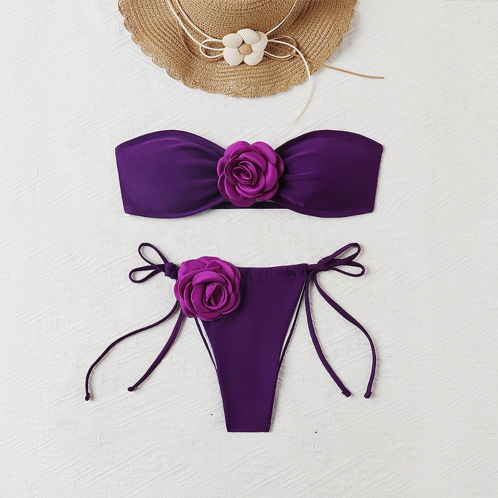 European and American Solid Color Rose Tube Top Bikini Drawstring Strap Split Swimsuit