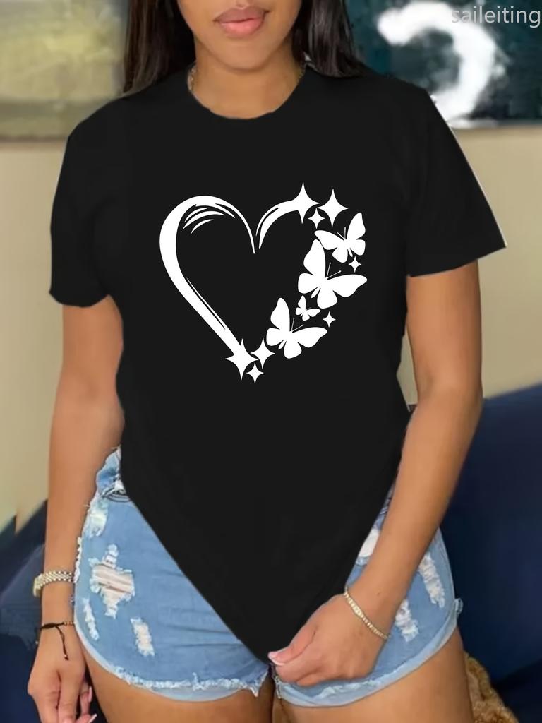 Womens Casual Sleeve Crew Neck T-Shirt Vibrant Orange Butterfly Heart Print Lightweight Breathable Fabric Aesthetic Clothes