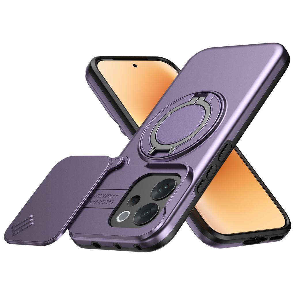 Sliding Camera Lens Cover Armor Phone Case For VIVO V70 V2538 V70Elite V2548 Metal Ring Stand TPU Frame Plastic Shockproof Shell