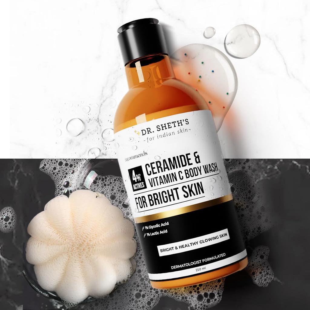 Dr. Sheth's Ceramide & Vitamin C Body Wash 250 ml Pack | Gentle Exfoliating Shower Gel for Bright Glowing Skin