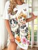 2026 Short Sleeved Round Neck Women's Dress With Cute Cat Pattern Print Loose Casual  Fashionable Home Dresses