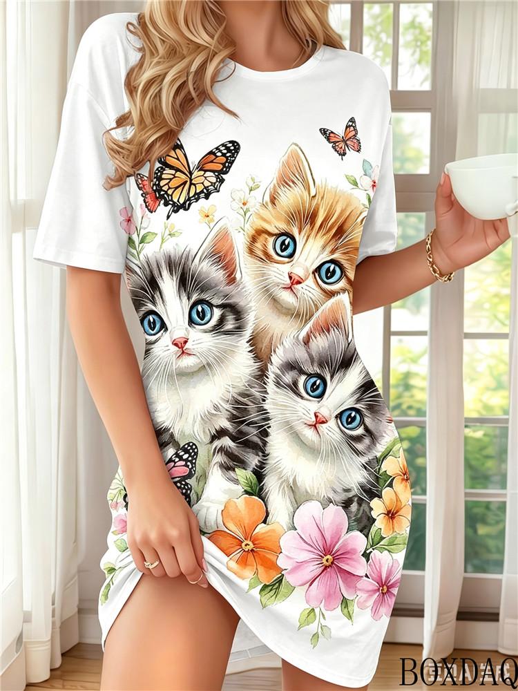 2026 Short Sleeved Round Neck Women's Dress With Cute Cat Pattern Print Loose Casual Fashionable Home Dresses