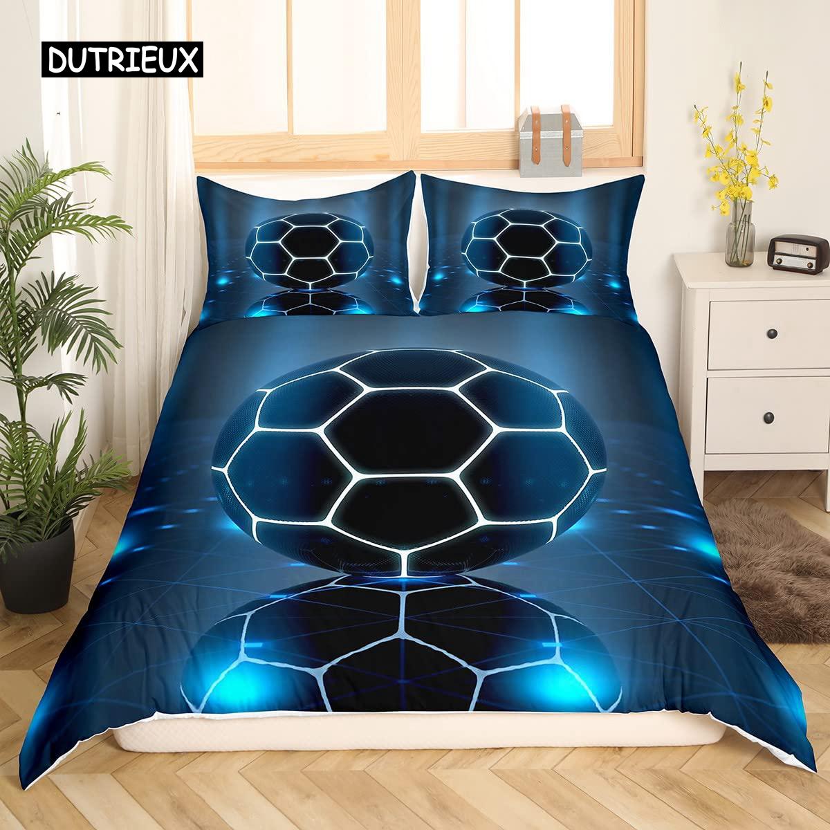 Voetbal Dekbedovertrek Set Handgetekende Schets Voetbal Vlag Netwerk Teamsporten Beddengoed Set voor Jongens Tieners Mannen Eenpersoons Dekbedovertrek 140x200cm 3pcs