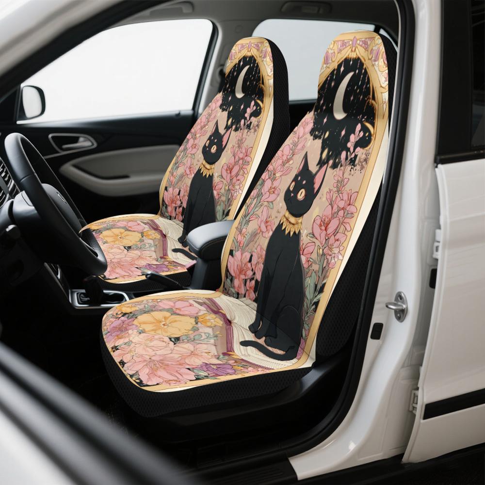 2pcs Decorative Celestial Feline Elegance Print Car Seat Covers | Universal Fit For SUV Sedan Truck, Stylish Washable Polyester