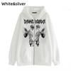 Hoodies Coat Womens Fun Skeleton Butterfly Patchwork Zip Up Hooded Jacket Loose Comfy Oversized Sweatshirt Girls Long Sleeve Top
