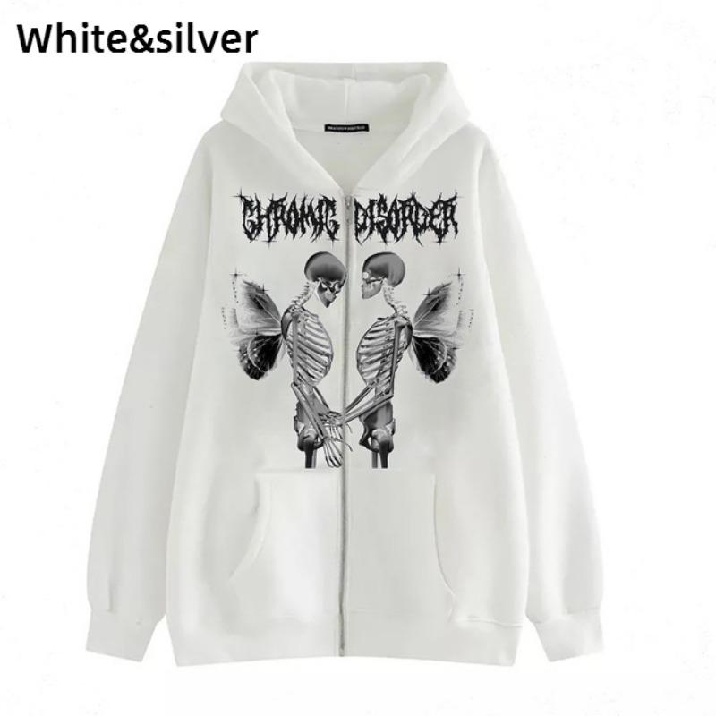 Hoodies Coat Womens Fun Skeleton Butterfly Patchwork Zip Up Hooded Jacket Loose Comfy Oversized Sweatshirt Girls Long Sleeve Top