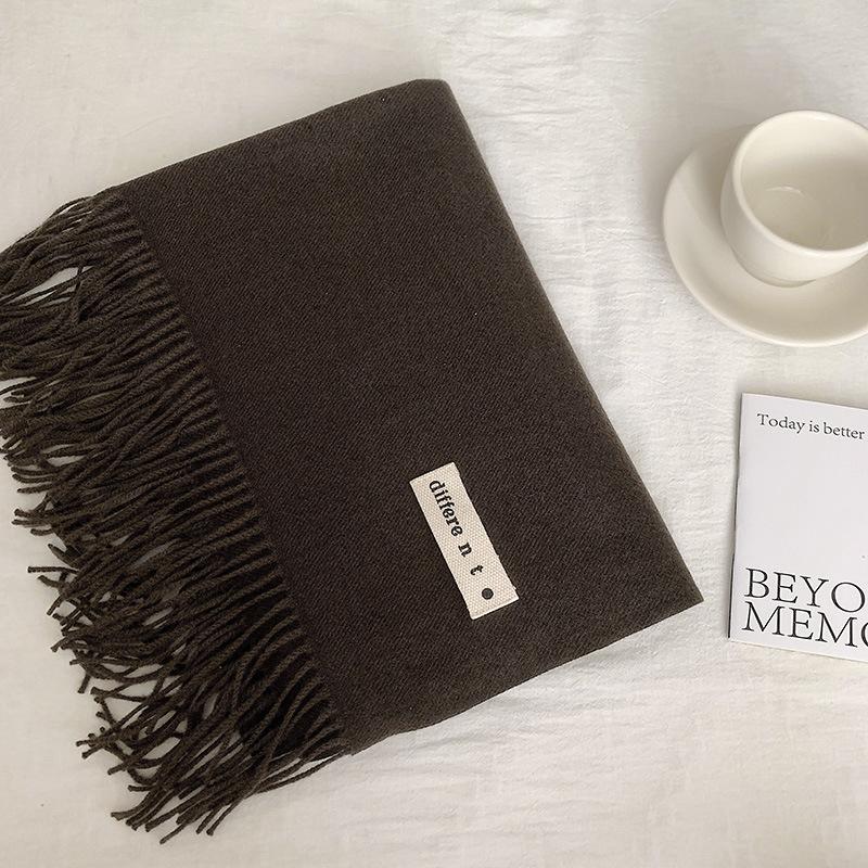 Flowing Fringe, Color-blocked, Simple Design, Faux Cashmere-like Scarf, Winter-thick, Cape-style, Student-friendly, Solid Color.