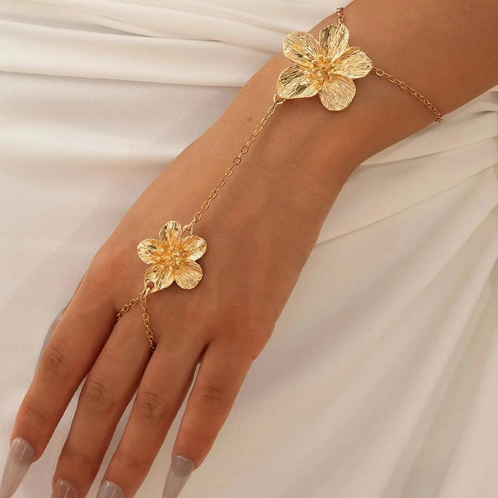 Gold Flower Vintage Elegent Bracelet Necklace Hand Zircon for Women Simple Thin Chain Finger Bracelet Zircon Accessories Gift