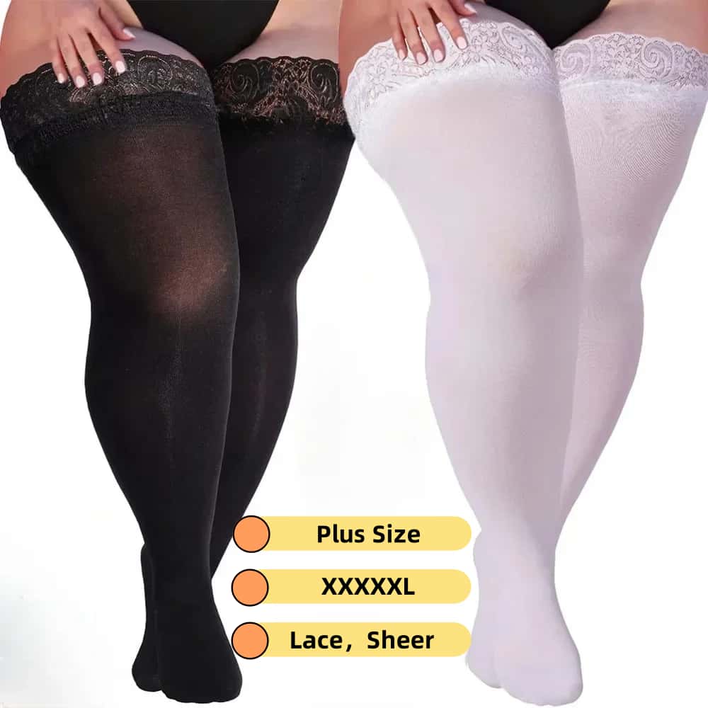 Women Plus Size Sexy Lace Top Black Gothic Stockings With Silicon Anti-Skid Thigh High Sheer Girls Long Socks For Woman Xxxxxl