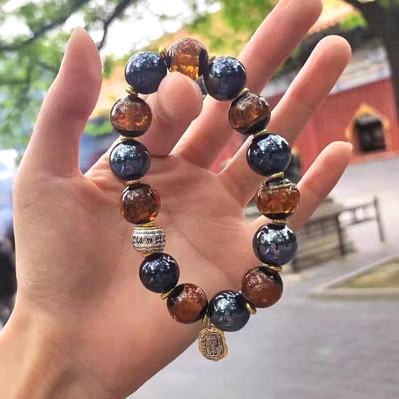 Zhakilam Black Porcelain Bracelet with Gold Foil and Six-Character Barrel Beads for Women