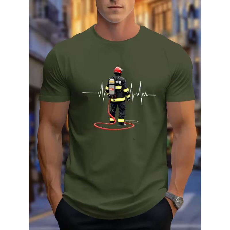 Men Summer T-shirt Firefighter Heartbeat ECG Graphic Print Short Sleeve O-neck Casual Tee Fireman Hero Gift Breathable Tops