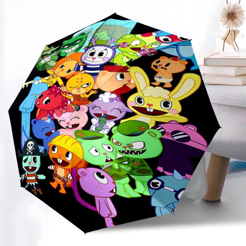 Happy Tree Friends3 Print Automatic Umbrella, 8 Rib Iron Frame, Plastic Handle, Suitable for Outdoor Travel &Daily , Ideal Gift