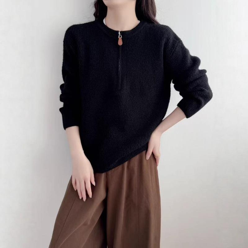Solid color semi-zipper simple and versatile knitted sweater women's clothing autumn and winter new loose and lazy round neck pullover sweater
