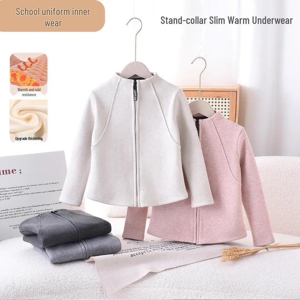 Girls' Warm Faux Cashmere Slimming Hoodie with Stylish Stand Collar - Versatile Velvet Base Layer for Autumn/Winter