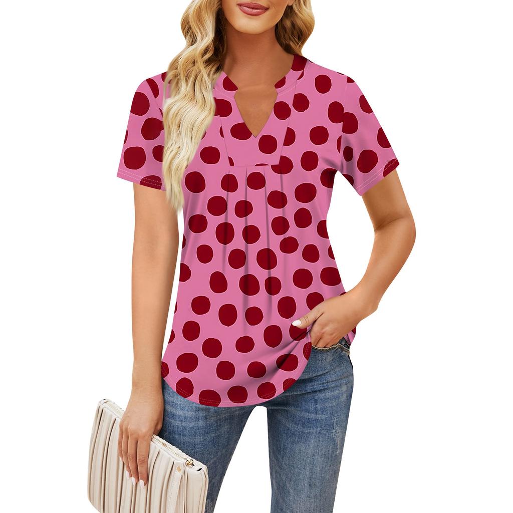 Women's Short Sleeve Casual V-neck Chest Pleated Printed Loose T-shirt Top