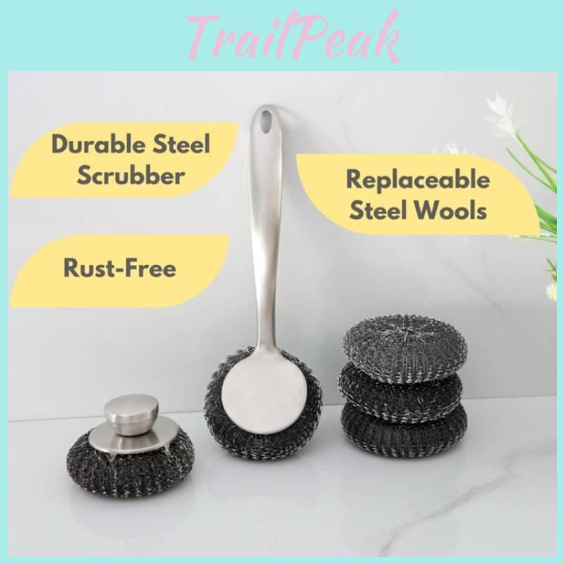 Steel Wool Scrubber Dish Brush With Handle Deep Cleaning Metal Set For Kitchen