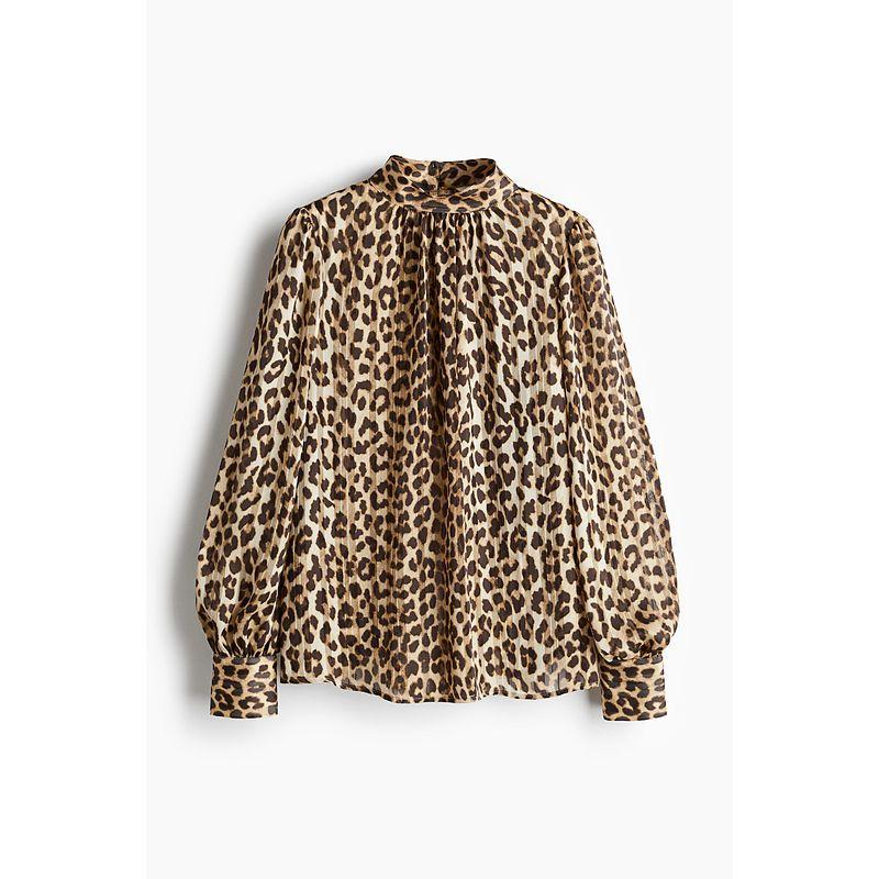 

HM Women s Shirt 2025 Autumn Crepe Woven Print Small Stand Collar Elegant Maillard Long Sleeves Tops 1160381 Light beige/Leopard print 155/76