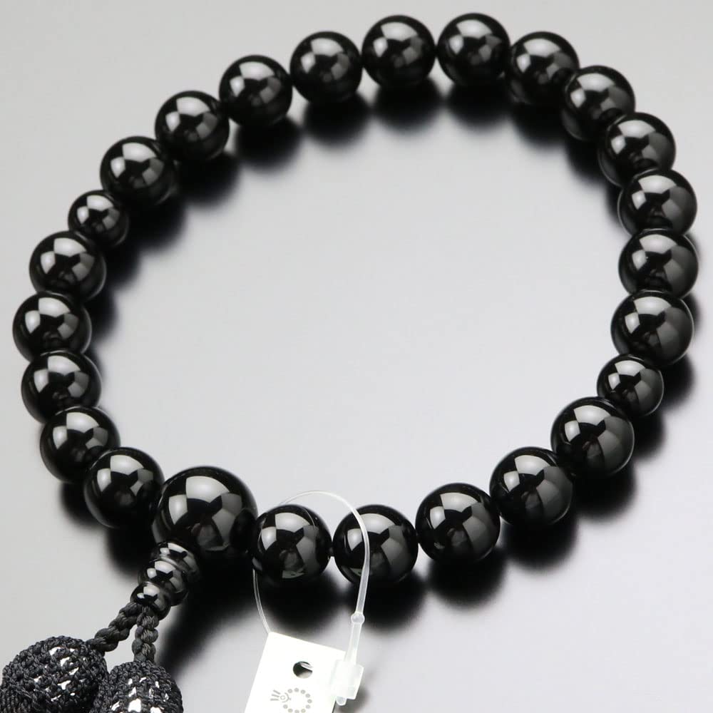 Nenju com Kyoto Buddhist Prayer Beads Juzu for Men, 22 Black Onyx Beads, Pure Silk Black Tassel, All Sects, for Funeral & Memorial, Paulownia Box