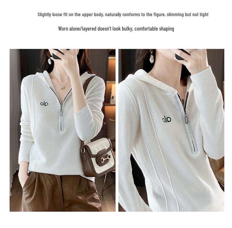 Women's 2025 Autumn/Winter 100% Wool Hooded Color Block Half-Zip Sweater