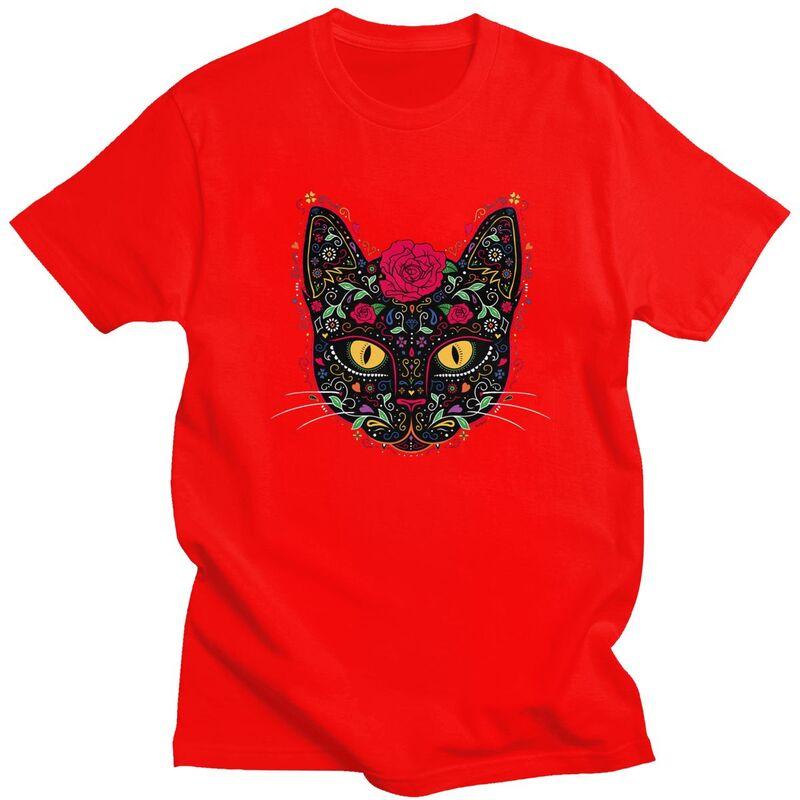 Custom Cool Day Of The Dead Kitten Cat Sugar Skull T Shirt Men Short Sleeve Pure Cotton Tshirt Tees Streetwear Tshirt