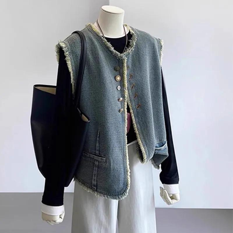 

Retro Raw Edge Denim Vest Jacket New Trendy Style Loose Sleeveless Waistcoat Vest L синій