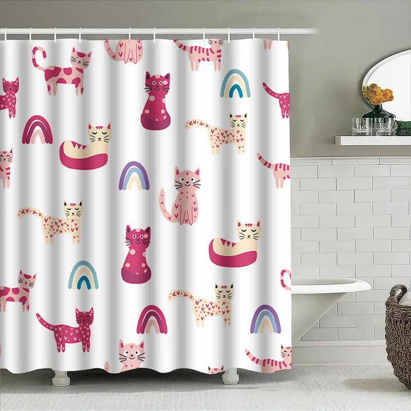 Cute Cat Print Shower Curtain Fabric Decor Pink Rainbow Flowers Pets Cartoon Bathroom Liner Home Accessories 3D Printed Plastic