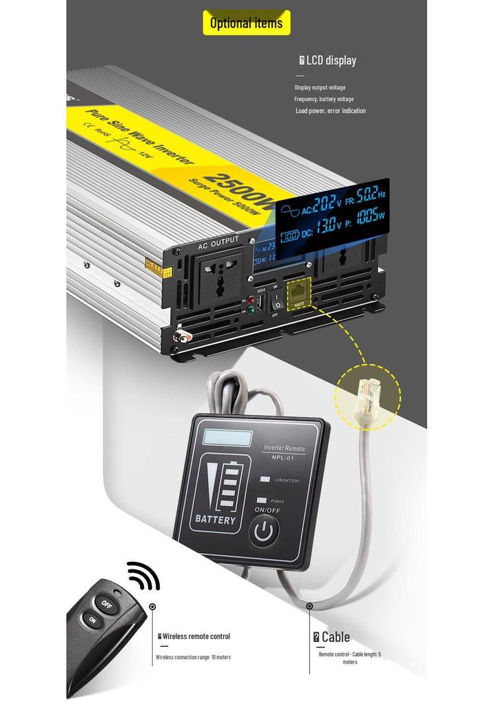 2500W Pure Sine Wave Inverter 12V/24V to 220V for Home, Solar, or Car Backup