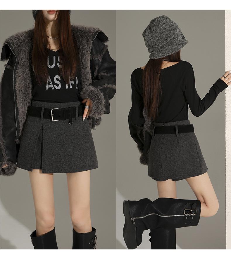 Spicy Girl Fashion Wool Plaid Skirt Shorts with Belt: Women's Autumn/Winter Anti-Exposure Design