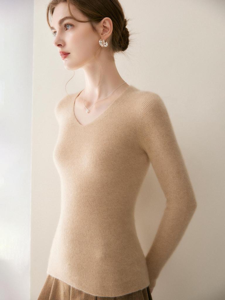 Women's 100% Pure Cashmere Crew/V-Neck Slim Fit Sweater - Soft, Skin-Friendly Knit for Autumn/Winter