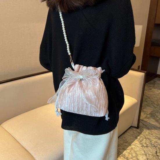 Women Single Shoulder Bag with Detachable Faux Pearl Chain Large Capacity Drawstring Handbag Purse Tulle Bowknot Crossbody Pouch