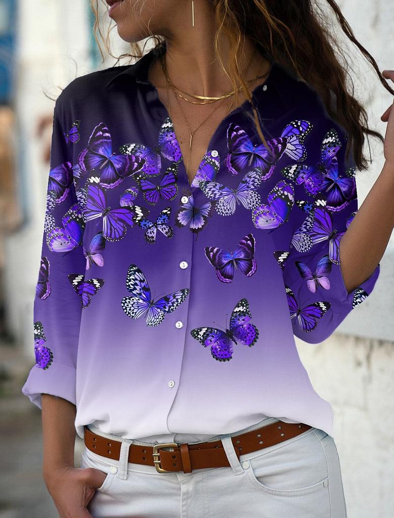 Women's Shirt Blouse Butterfly Gradient Printing Button Long Sleeve Casual Fashion Standing Collar Spring and Autumn Blouse
