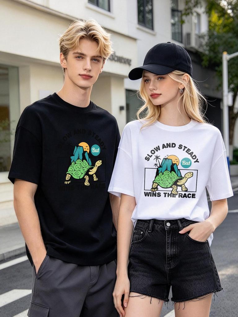 Casual Turtle Print Cotton Tee Summer Comfortable Loose Unisex Short Sleeve Top